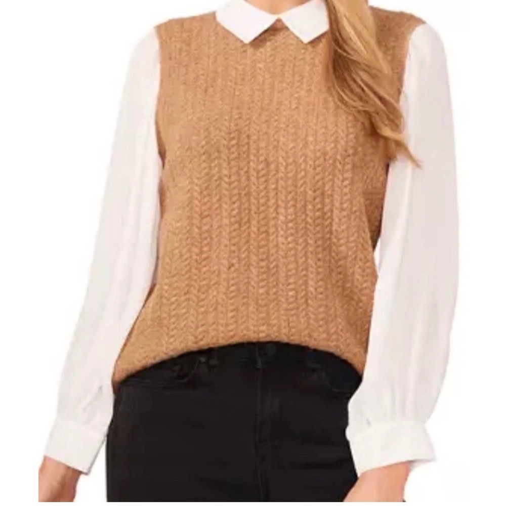CeCe Layered Look Cable Vest Top Women's XL Brown Camel Academia Offie Work